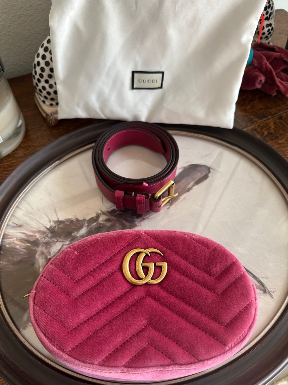 Gucci Pink Velvet GG Marmont Belt bag